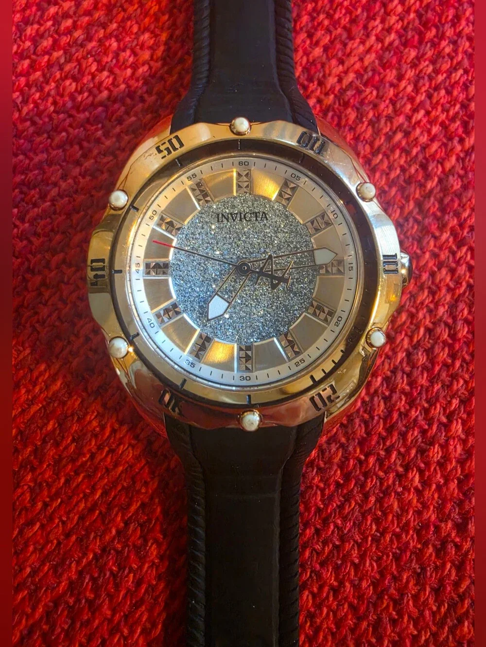Invicta Venom Gold-Tone Case Silver Glitter Dial Watch with Black Silicone Strap